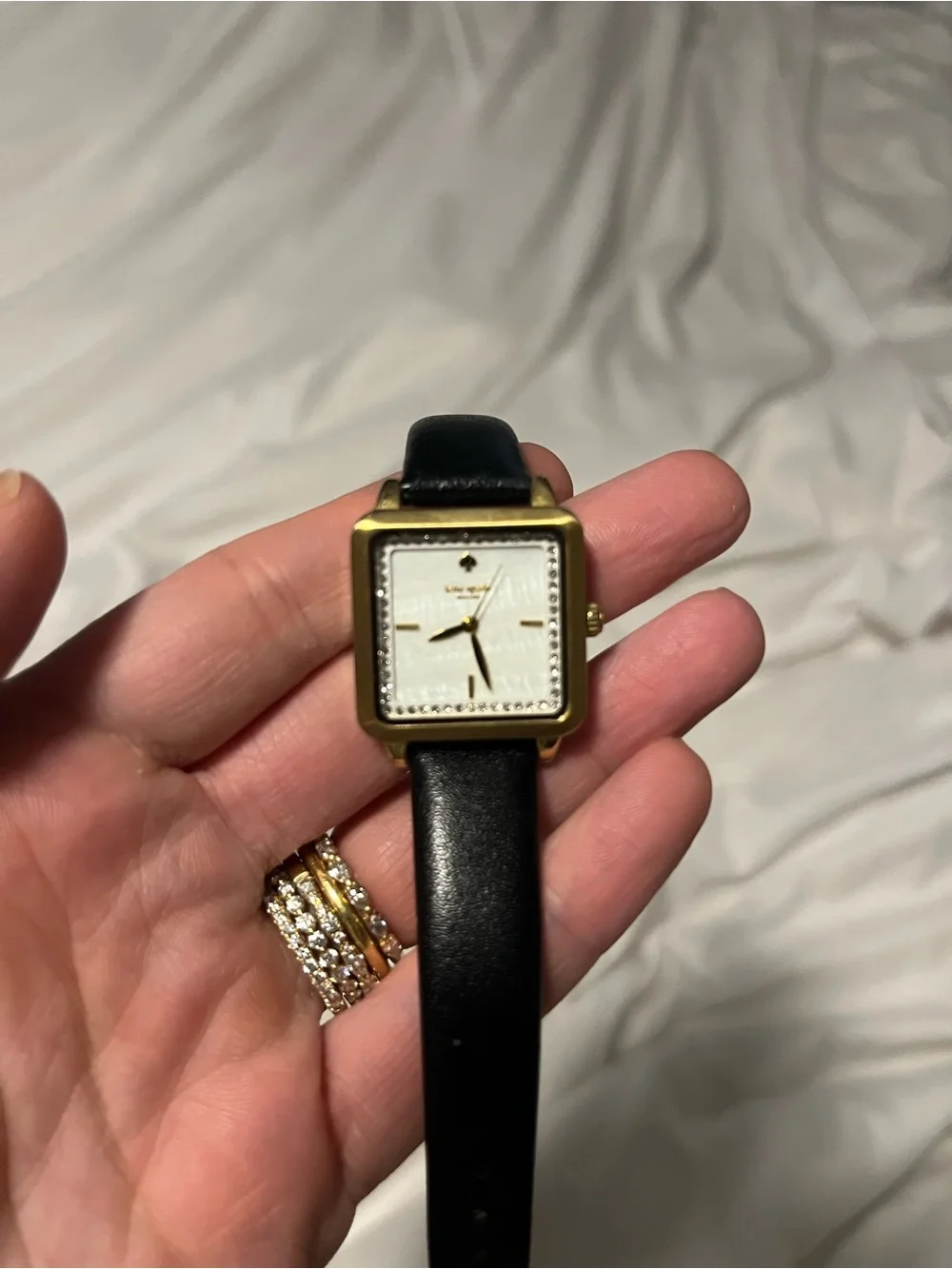 kate spade Women's Black Leather Square Watch - Gold Case w diamond like accent